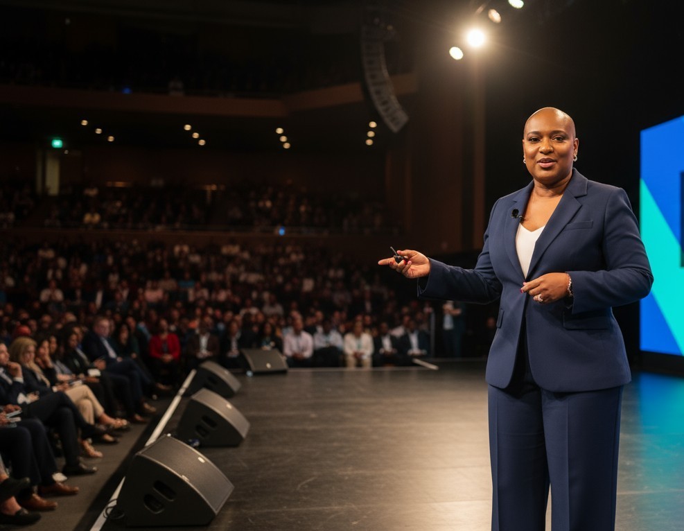 Enid-Mai Jones speaking on stage
